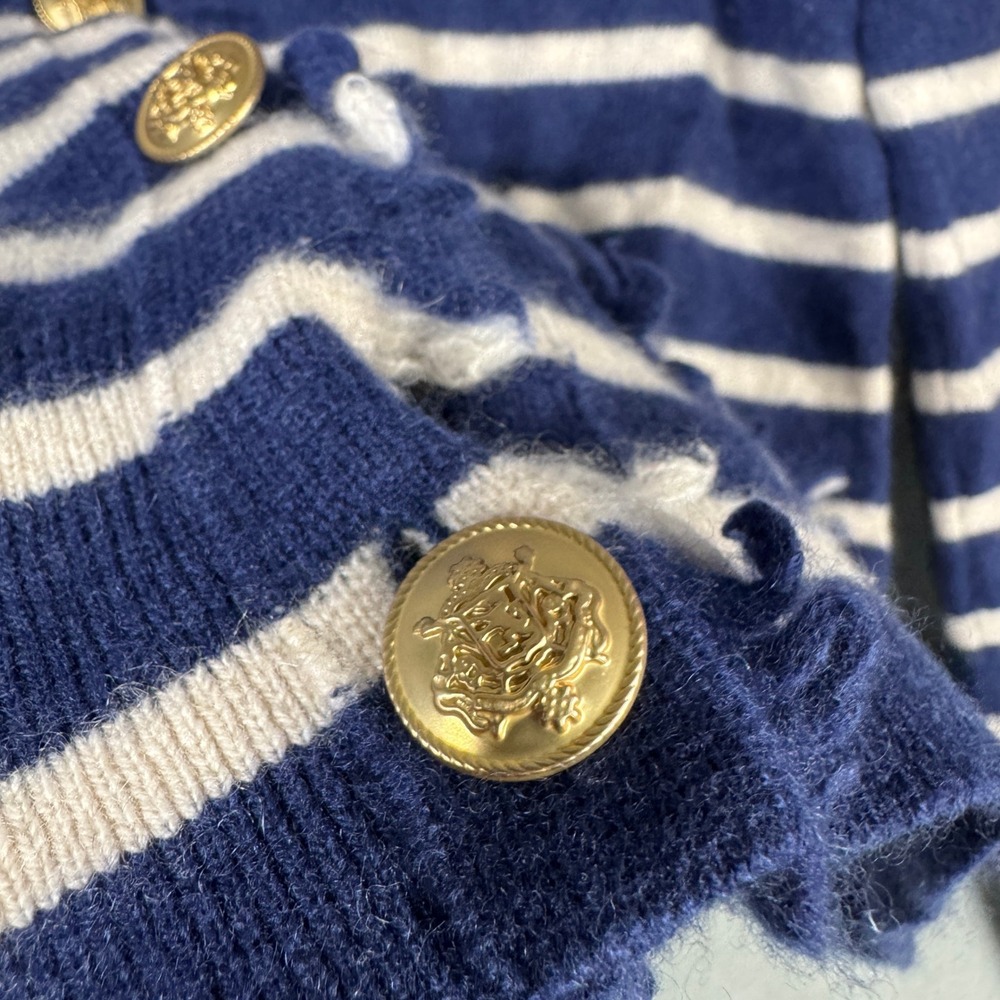 J.Crew Cashmere Cropped Lady Cardigan Navy White Striped Gold Buttons CB913 S - Picture 3 of 8